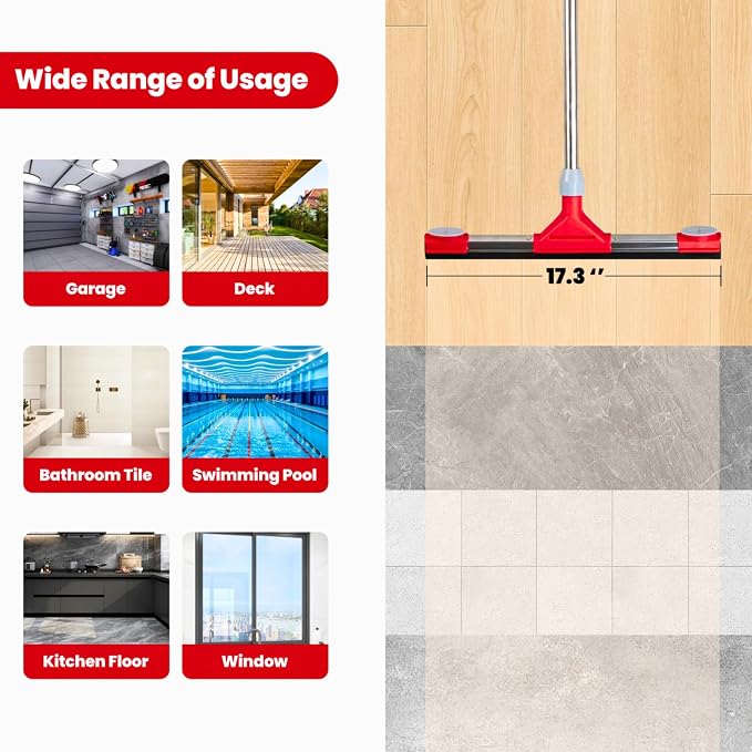 Floor Squeegee Scrubber with Extendable 62" Long Handle | 17.3" EVA Foam Blade, Reinforced Steel Frame for Garage, Concrete, Tile, Patio, Pool, Shower & Uneven Surface Cleaning
