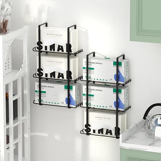 Glove Holder Dispenser for Wall Mount, 2 Pack Metal Disposable Latex Glove Box Holder for Home Office, Lab and Garage, Tissue Wire Rack Wall-mounted for Kitchen Organizer Decor, Blak