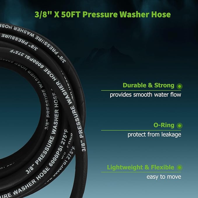 SCITOO 3/8" Pressure Washer Hose 50ft 6000psi 2-Braid Black Hot Water Pressure Washer Hose