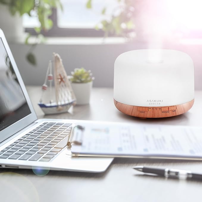 ASAKUKI Oil Diffuser with Essential Oils Set, 500ml Aromatherapy Humidifier | with 14 LED Colors & Auto Shut-Off - 6 Oil Gift Pack(Lavender Eucalyptus Tea Tree Orange Peppermint Lemongrass)