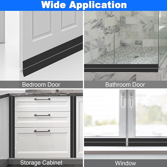 ToLanbbt Weather Stripping Silicone Door Seal Strip 1 in x 20 ft Door Draft Stopper Self Adhesive Door Draft Tape, Side & Bottom Gaps Insulation Strip for Glass Shower Door Sliding Door Window, Black