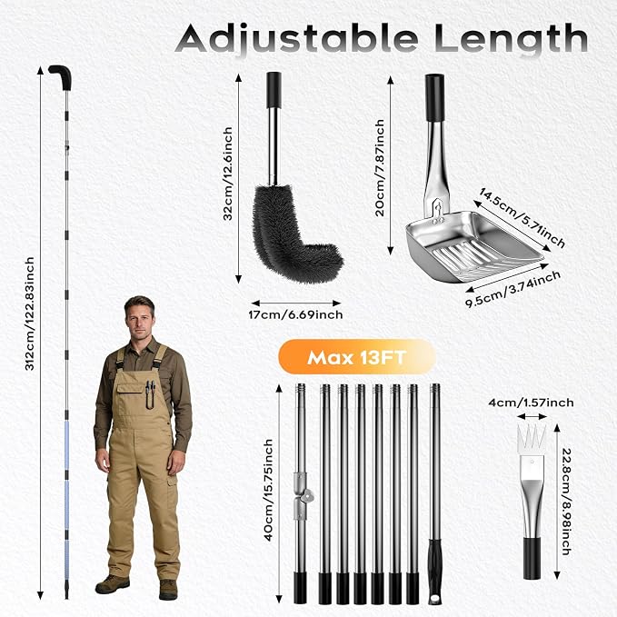 13ft Gutter Cleaning Tools From the Ground, No Ladder Needed, 3-in-1 Gutter Cleaner Pole with Replaceable Brush Rake Scoop, 180° Adjustable Angle for Leaves & Debris Cleaning with Grip Tapes
