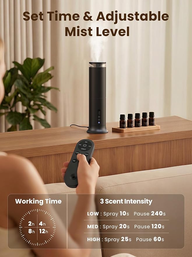 XEITIN Tower Waterless Diffuser with 5 Hotel-inspried Scent Oil Set | 2000 Sq.ft Whole-house Aroma, Cold Air Diffuser for Home Office Hotel, Pet-Friendly, Remote & Panel, 3 Timer & Intensity