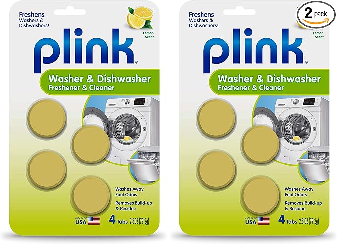 Plink Washer and Dishwasher Freshener and Cleaner, Prevents Residue, Removes Odors in Kitchen and Laundry Room Appliances, Septic-Friendly, Fresh Lemon Scent, 2 Packs of 4 Tablets