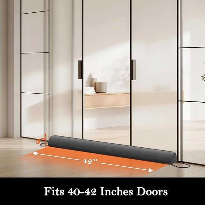 Sunolga 42" Door Draft Stopper Blocks Hot and Cold Air with Removable Washable Cover for Gaps Up to 3", All-Season Seal for Noise, Door Sweep for Bottom of Door and Window, Home Essentials, Gray