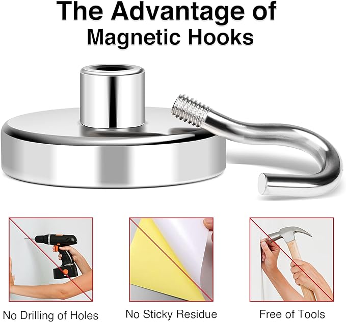 MIKEDE Magnetic Hooks Heavy Duty, 150LB+ Strong Neodymium Magnets for Refrigerator, Large Magnetic Hooks for Hanging, Magnets with Hooks Cruise Ship Essentials for Kitchen, Workplace - 8 Pack