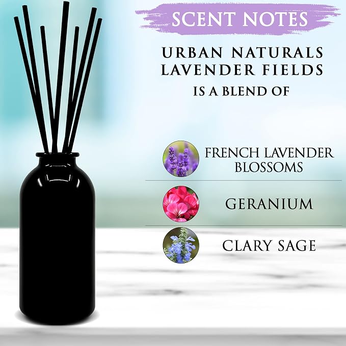 Reed Diffuser Set, Lavender Fields - Bathroom Shelf Décor | Real Lavender Stems French Blossoms, Geranium & Clary Sage, for Aromatherapy & Stress Relief, Vegan