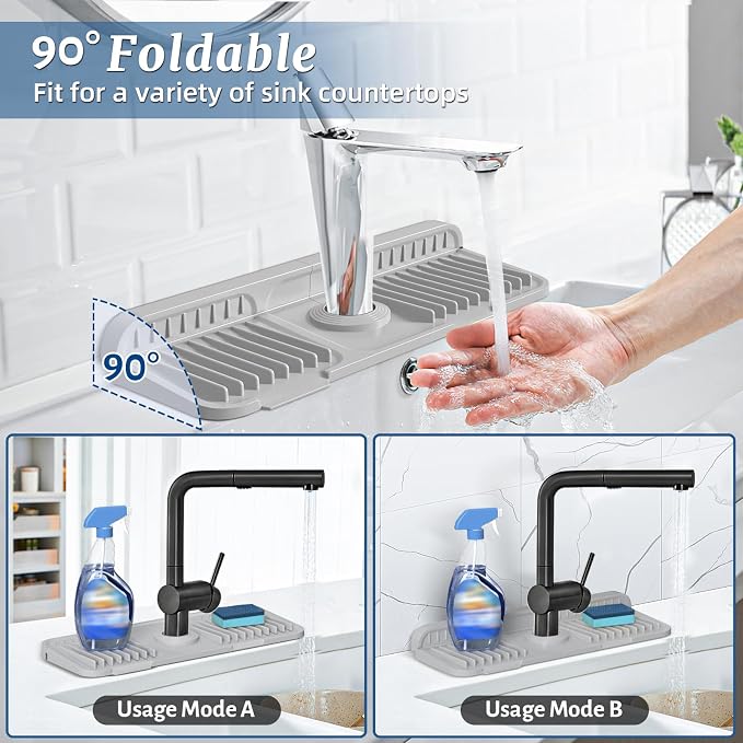 PoYang 14.6 inch Faucet Mat for Kitchen Sink Splash Guard, 7° Slope Silicone Sink Water Splash Guard for Kitchen Sink Area with Snap, Long Sink Protectors for kitchen Sink Sponge Holder, Light Grey