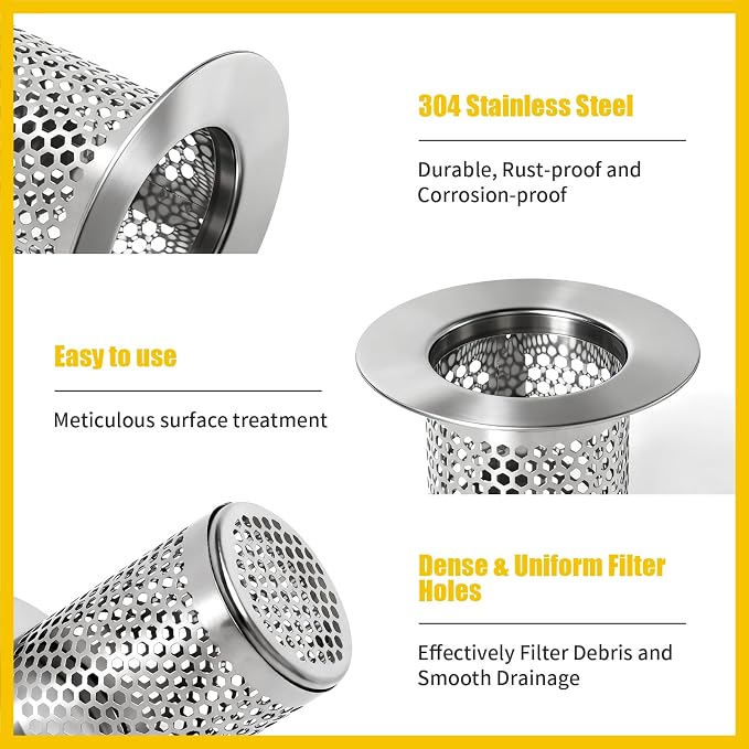 Bathroom Sink Drain Strainer, 304 Stainless Steel Deep Basket Drain Cover for Shower Floor & Kitchen, Anti-Clog Shower Drain Hair Catcher, Tub Drain Strainer