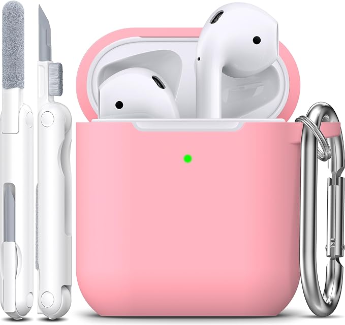 R-fun for AirPods 1/2 Case, Soft Silicone Protective Cover with Keychain and Cleaning Pen, Compatible with AirPods 2nd/1st Generation (2016/2019), Full Drop Protection Cover, Pink