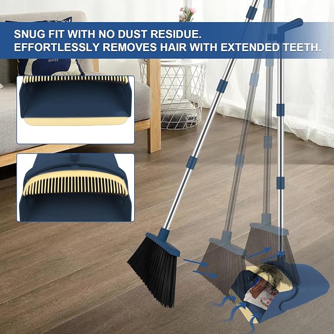 Broom and Dustpan Combo Set, 51" Long Handle with Squeegee & Mini Set | Blue Complete Cleaning Kit, Floor Squeegee for Wet & Dry Messes, Built-in Comb Dustpan, Mini Broom Set，for Home & Pet Areas