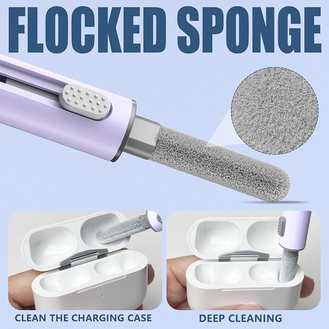 Inesore Multi Cleaning Kit for AirPods & All Bluetooth Earbuds (Purple) | 3-in-1 Design with Brush,Sponge & Metal Tip, Airpod Cleaning, Phone Cleaner, Earbud Cleaning, Electronic Device Cleaning Tool