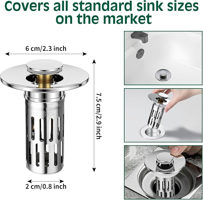 Vodolo 3 in 1 Sink Drain Strainer with Hair Catcher,8PCS Stainless Steel Popup Sink Stopper with Basket for Bathroom Kitchen Shower,Pop-up Bounce Core Floor Basin Drain Filter,Replacement Sink Plug