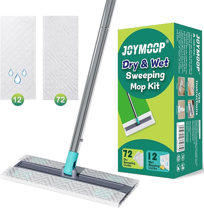 JOYMOOP Hands Free Multi Purpose Flat Mop, Dust Mop for Pet Hair and Floor, 72 Dry + 12 Wet Refills, Turquoise-Cyan & Muted Grey
