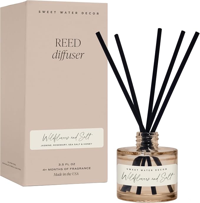 Sweet Water Decor Wildflowers and Salt Reed Diffuser – Room Decor Aesthetic with Long-Lasting Premium Fragrance of French Lavender, Lime, Sage, Dill, Patchouli for 4 Months – Ideal for Home Decor
