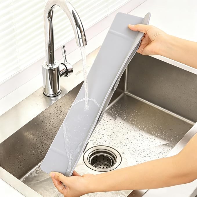 19.2inch(49cm) Silicone Guard, Sink Splash Guard with Suction Cup,Kitchen Sink Water Splash Guard, Kitchen Sink Splash Guard that Can Be Placed Behind (1, Light Gray)