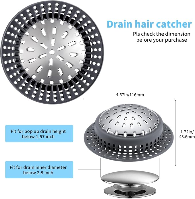 Aluvor Bathtub Drain Hair Catcher Shower Drain Cover Sink Drain Protector | Bathroom Sink & Bathtub Drain Strainer for Pop-Up & Regular Drains, dark gray