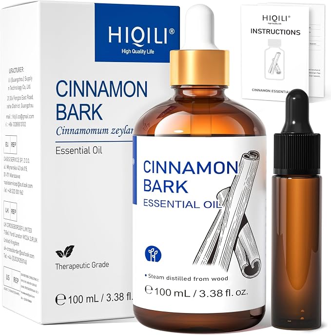 HIQILI Cinnamon Essential Oil for Spray, Skin Care, Diffuser | Brings Refreshing Mind Boost, Gentle Household Barrier, Versatile DIY & Full Space Odor Removal -100ml / 3.38 fl oz