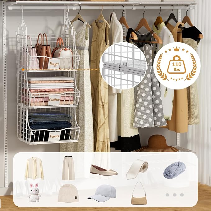 Hanging Closet Organizers and Storage, 6 Tier Closet Shelf Clothes Organizer with 2 S-Hooks, Multi-Functional Iron Wire Baskets, for Clothing, Sweaters, Handbags, Hat, Canned