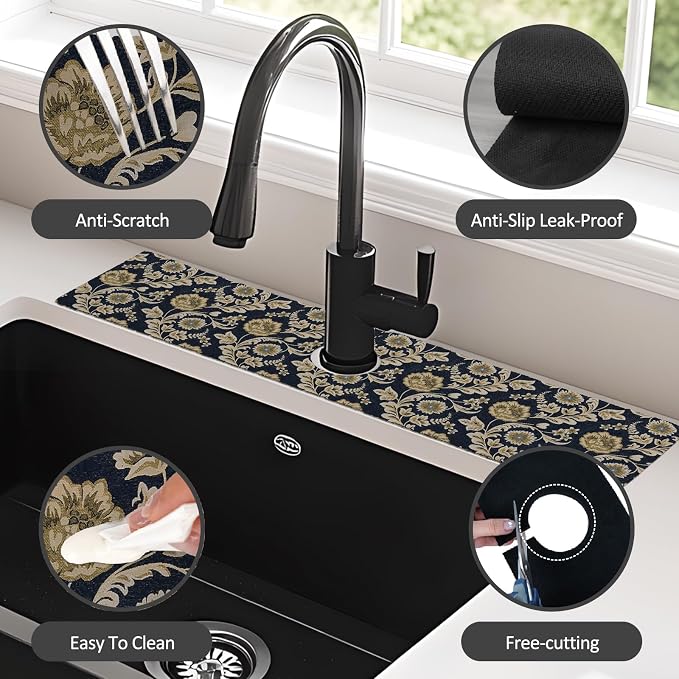 24" X 5.5" Kitchen Sink Splash Guard Faucet Mat Floral Flower Super Absorbent Fast Drying Faucet Guard & Draining Mat Sink Splash Guard Behind Faucet for Kitchen, Bathroom