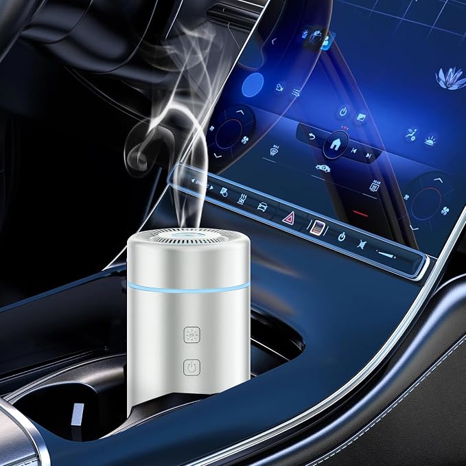 SEEDSEEL 100ML Car Essential Oil Diffuser, Rechargeable Battery Powered, Cordless Portable Aromatherapy Diffuser with 7 LED Color Lights 2 Timer Modes for Car Room Home Office (Silver)