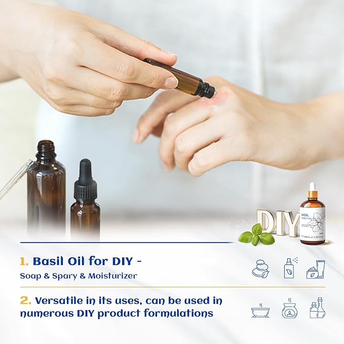 HIQILI Basil Essential Oil for Aromatherapy Diffuser, Hair Care | Perfect for bedroom, yoga, skin care. Promotes calm relaxation, body massage, DIY soap and candle - 100mL / 3.38 fl.oz
