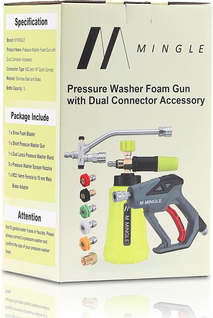 M MINGLE Pressure Washer Gun with Foam Cannon & Dual Connector Accessory | Car Wash Foam Gun Kit with 1/4 Inch Quick Connector, 5 Pressure Washer Nozzle Tips