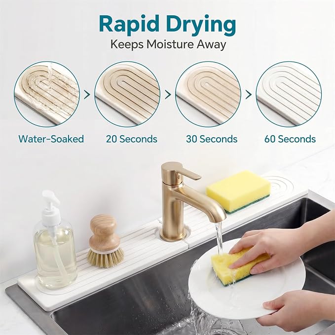Stone Faucet Mat for Kitchen Sink-Diatomite Drying Stone Mat& Sink Protector,Quick Dry Water Absorbing Stone Tray ,Sink Splash Guard for Kitchen Counter & Bathroom Counter(White, 23.6"X3.9")
