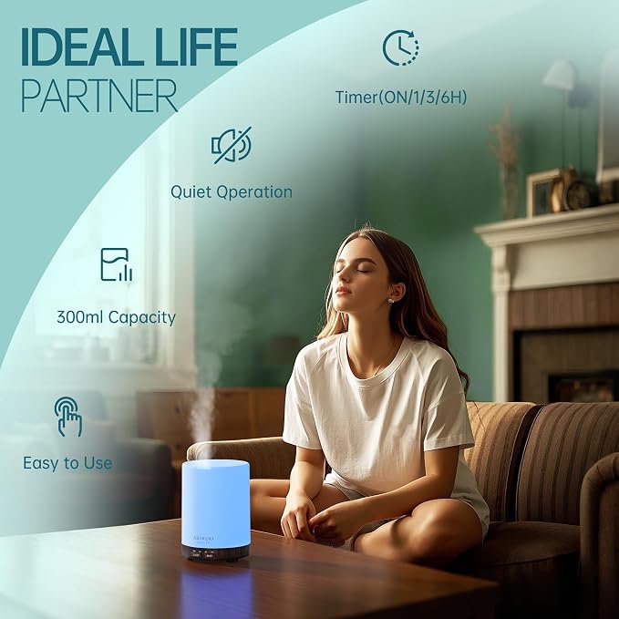 ASAKUKI Essential Oil Diffuser for Home 300 ml Humidifier | Automatic Shut-Off, Quiet Aromatherapy Diffuser with 7 LED Lights for Living Room, Kitchen, Bedroom, Hotel - Black