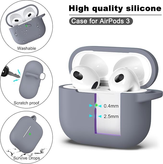 R-fun Compatible with AirPods 3 Case Cover, Silicone Protective Accessories Skin with Keychain Compatible with Apple AirPod 3rd Generation 2021 for Women Men Girls Boys,Front LED Visible,Dark Grey