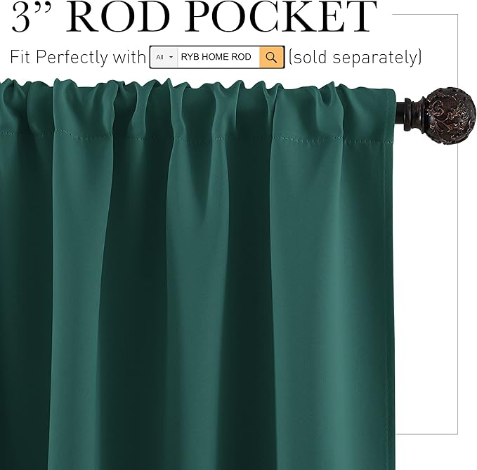 RYB HOME Blackout Curtains for Bathroom - Solid Light Block Blinds Privacy Light Block Drapes for Kitchen Cabinet Kids Nursery Bedroom Laundry Cafe Window Decor, W 42 x L 36, Hunter Green, 1 Pair