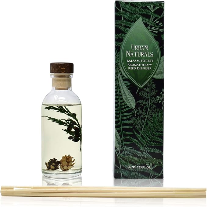 Reed Diffuser Set, Balsam Forest - Bathroom Shelf Décor | REAL Juniper and Pine cones, Fragrance notes of Fraser Fir, Evergreen, Pine, Woodsy Cedar and Sandalwood, Vegan