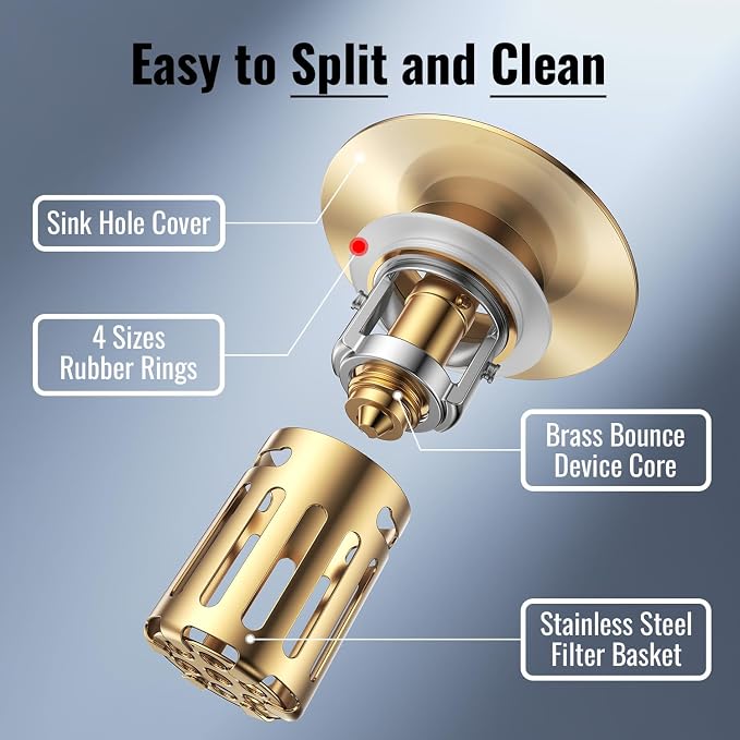 (2 Pc) 1s Installation - All Metal Bathroom Sink Stopper Fit 99% - 3 in 1 Universal Pop Up Stopper with Removable Stainless Steel Filter Basket Hair Catcher - Sink Stopper (Golden)