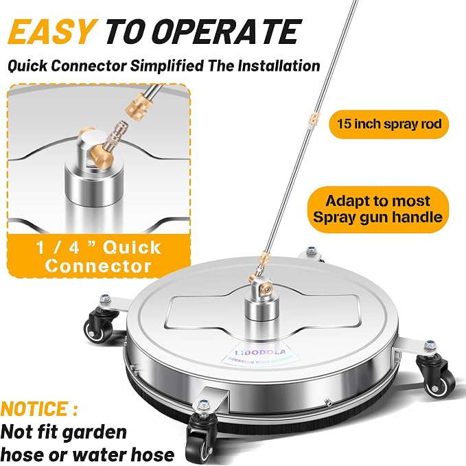 LidoDola 20'' Pressure Washer Surface Cleaner, Power Washer Accessory | Stainless Steel Housing with 4 Wheels, 1/4" QC, 2 Extension Wands & 2 Replacement Nozzles, for Gas & Electric Pressure Washer