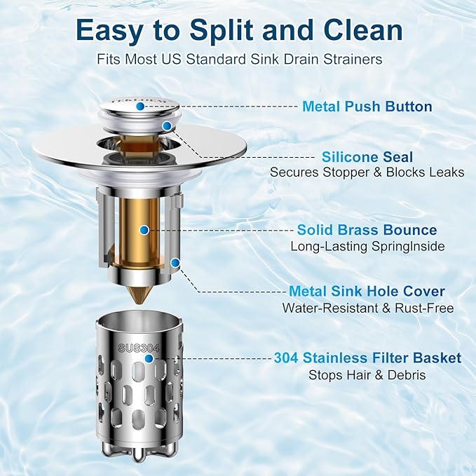 Bathroom Sink Drain Strainer,All Metal Pop-Up Sink Stopper with Removable Stainless Steel Filter Basket, Universal Bathroom Hair Catcher Fit for 1.1-2.36'' Drain (Silver, 1 Pack)