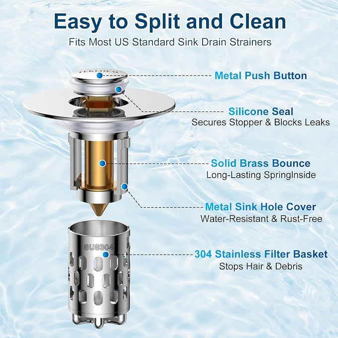 Bathroom Sink Drain Strainer,All Metal Pop-Up Sink Stopper with Removable Stainless Steel Filter Basket, Universal Bathroom Hair Catcher Fit for 1.1-2.36'' Drain (Silver, 2 Pack)