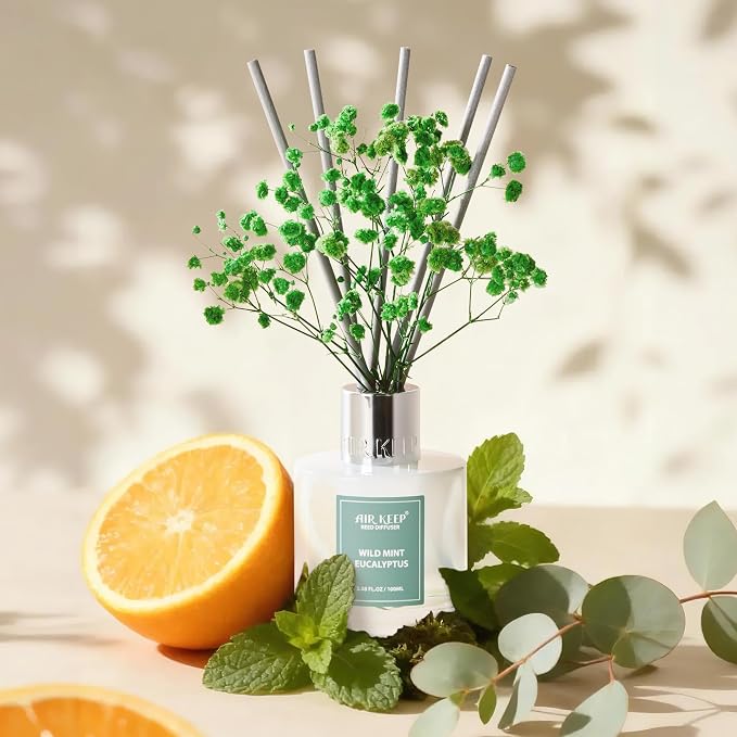 Reed Diffuser Set,3.38 fl oz (100 ml) - Wild Mint&Eucalyptus Oil Diffusers with 8 Reed Sticks, Home Fragrance Reed Diffuser for Bathroom Shelf Decor