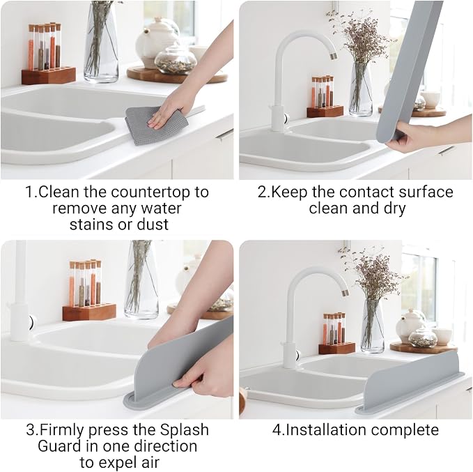 19.3 inch Kitchen Sink Splash Guard, Silicone Sink Baffle Splash Guard, Backsplash Protector for Kitchen Countertop & Bathroom Bathtub with Non-Slip Strong Suction, Gray