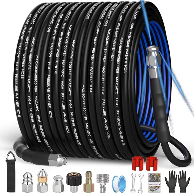 Sewer Jetter Kit for Pressure Washer(50FT),1/4" NPT Drain Cleaner Hose 5800PSI with 3 Sewer Jet Nozzles，Pearl Corsage Pin，Marking Ring,Spray Nozzle，Teflon Tape&Gloves