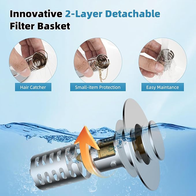 Universal Metal Bathroom Sink Drain Strainer Hair Catcher Upgraded 3 in 1 Pop-up Sink Stopper, with Detachable Stainless Steel Filter Basket, Fit for Standard 1.1''~2.36'' Basin Hole, Chrome