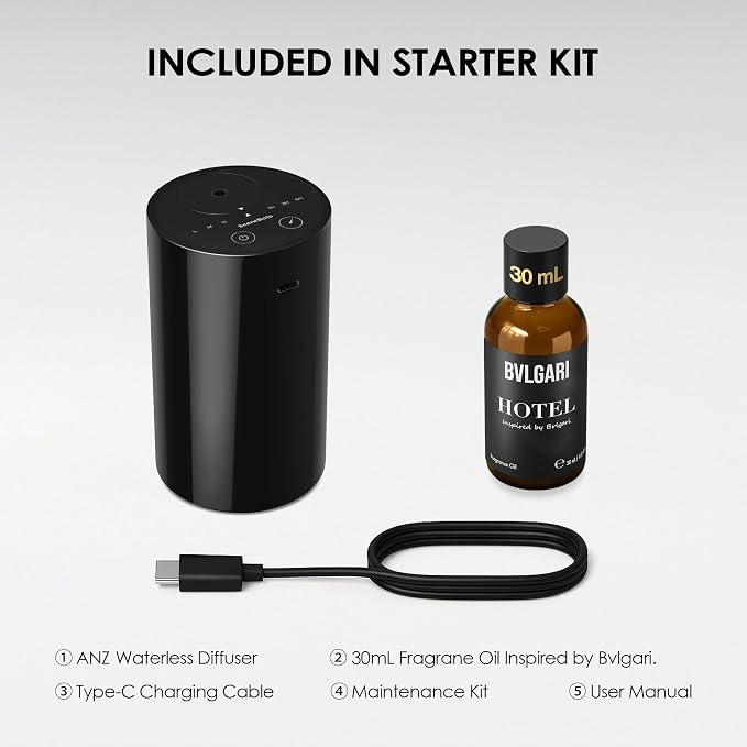 ANZ Waterless Essential Oil Diffuser Starter Kit, Black | 30 mL BGR Hotel Scent Fragrance Oil, Battery Operated, Up to 600 sq ft, Portable for Home Car Office, ANZKit-30-G