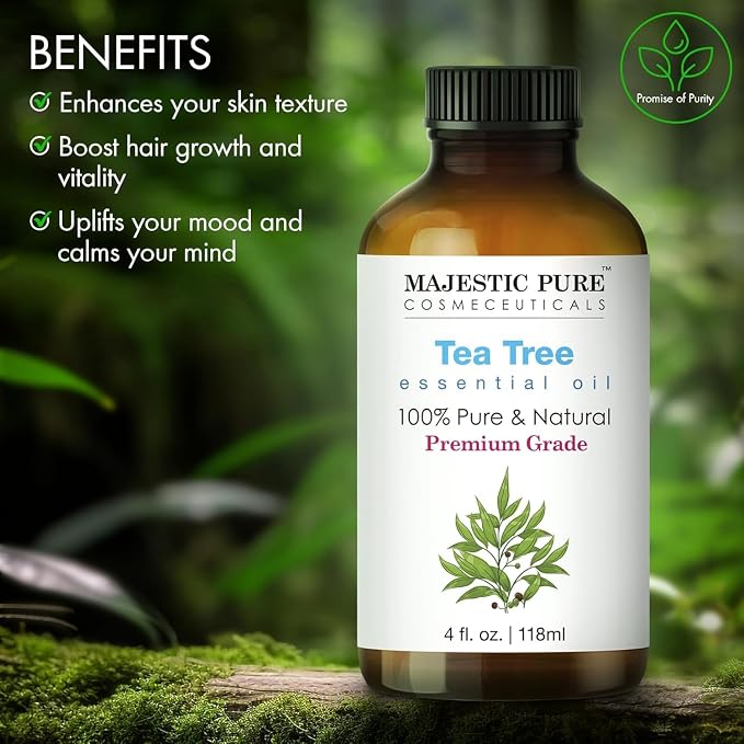 Majestic Pure Tea Tree Essential Oil for Diffuser - 4 Fl Oz | 100% Natural Tea Tree Oil for Hair, Skin Care, Carrier Oil Blend, Aromatherapy & DIY Soap Making Scent