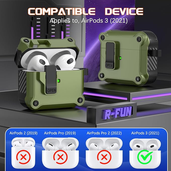for AirPods 3 Case Cover with Lock Magnetic Lid, Black Green | Compatible with Apple AirPods 3rd Generation (2019) Case with Cleaner Kit & Carabiner, Powerful Drop Protection