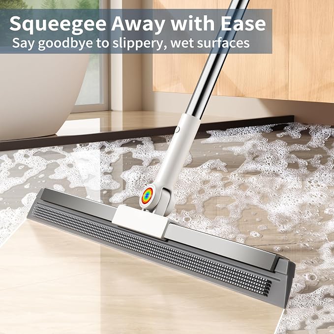 Floor Squeegee for Concrete Floor, Squeegee for Floor with 180° Rotating Head & 63" Long Handle, Garage Squeegee Broom for Epoxy Floor, Pet Hair, Water Removal, Bathroom Tile, Shower Glass, Carpet