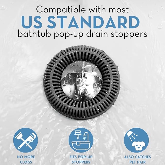 TubRing Pop-Up Drain Protector & Strainer Silicone Hair Catcher, Dark Gray | Easy snap-in design fits around bathtub stoppers. Customizable utility guard for clog prevention. Fits 1.85"- 2.16" drains.