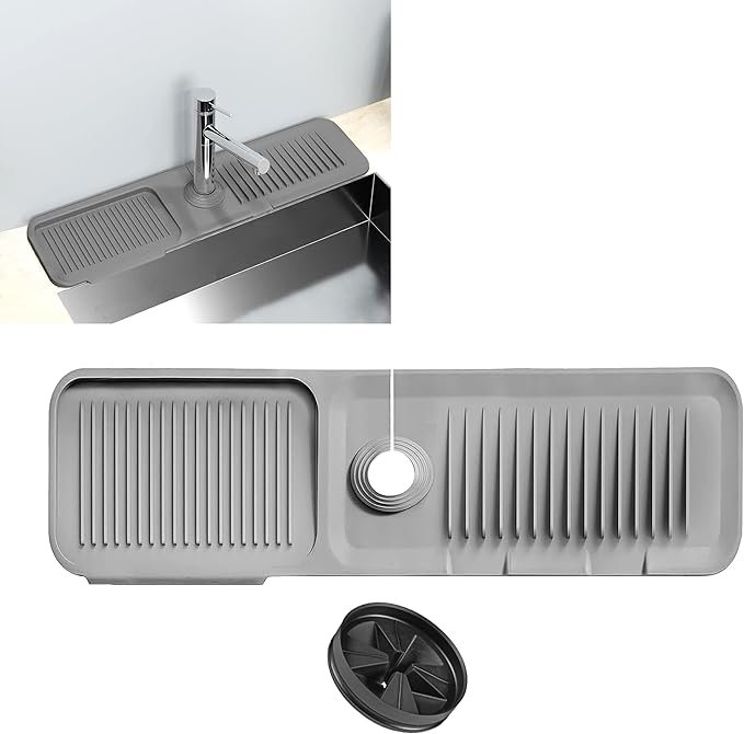 18x5.5 Inch Silicone Faucet Mat for Kitchen Sink - Kitchen Sink Splash Guard with FREE Rubber Drain Insert, Faucet Guard Draining Mat & Sink Water Splash Guard (Gray)