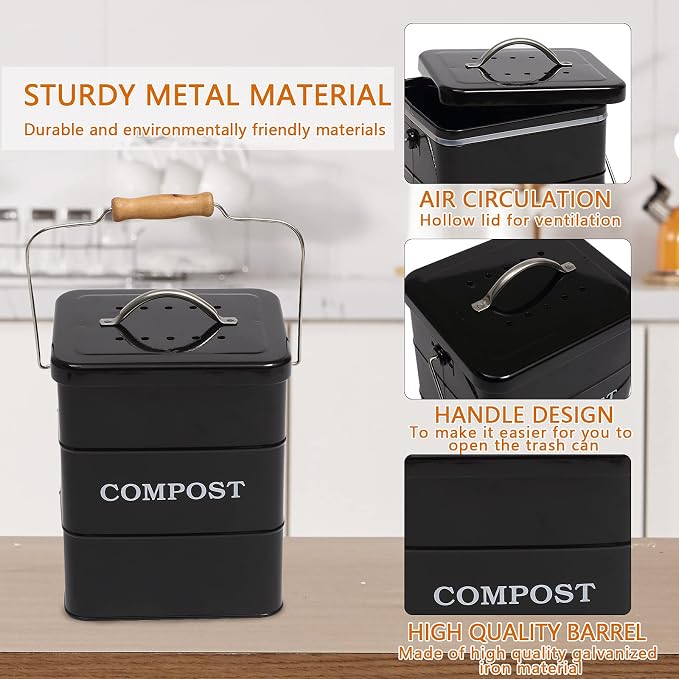 Stainless Steel Compost Bin for Kitchen Countertop Compost Bin，1 Gallon, Kitchen Trash Can -Includes Charcoal Filter，Compost Bucket Kitchen Pail Compost with Lid-Black
