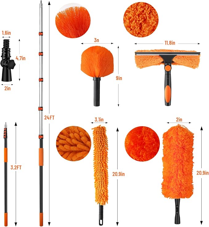 30ft High Reach Duster Kit with Extendable Pole,High Ceiling Duster Kit | Includes–Ceiling Fan Blade Cleaner, Cobweb Remover, Bendable Duster, Microfiber Glass Scrubber&Squeegee(Extension pole:5-24ft