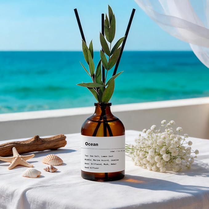 Reed Diffuser Set, Ocean Scent, 3.4 fl oz, Home Fragrance Reed Diffuser for Bathroom & Bedroom Decor