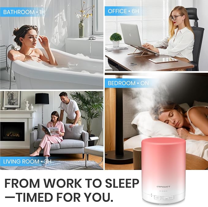 URPOWER 300mL Essential Oil Diffuser Ultrasonic Aromatherapy Diffuser | Quiet Diffuser with Auto-off Protection, 7-Color LED Light & 4 Timer Settings Humidifier for Yoga Bedroom Living Room Office